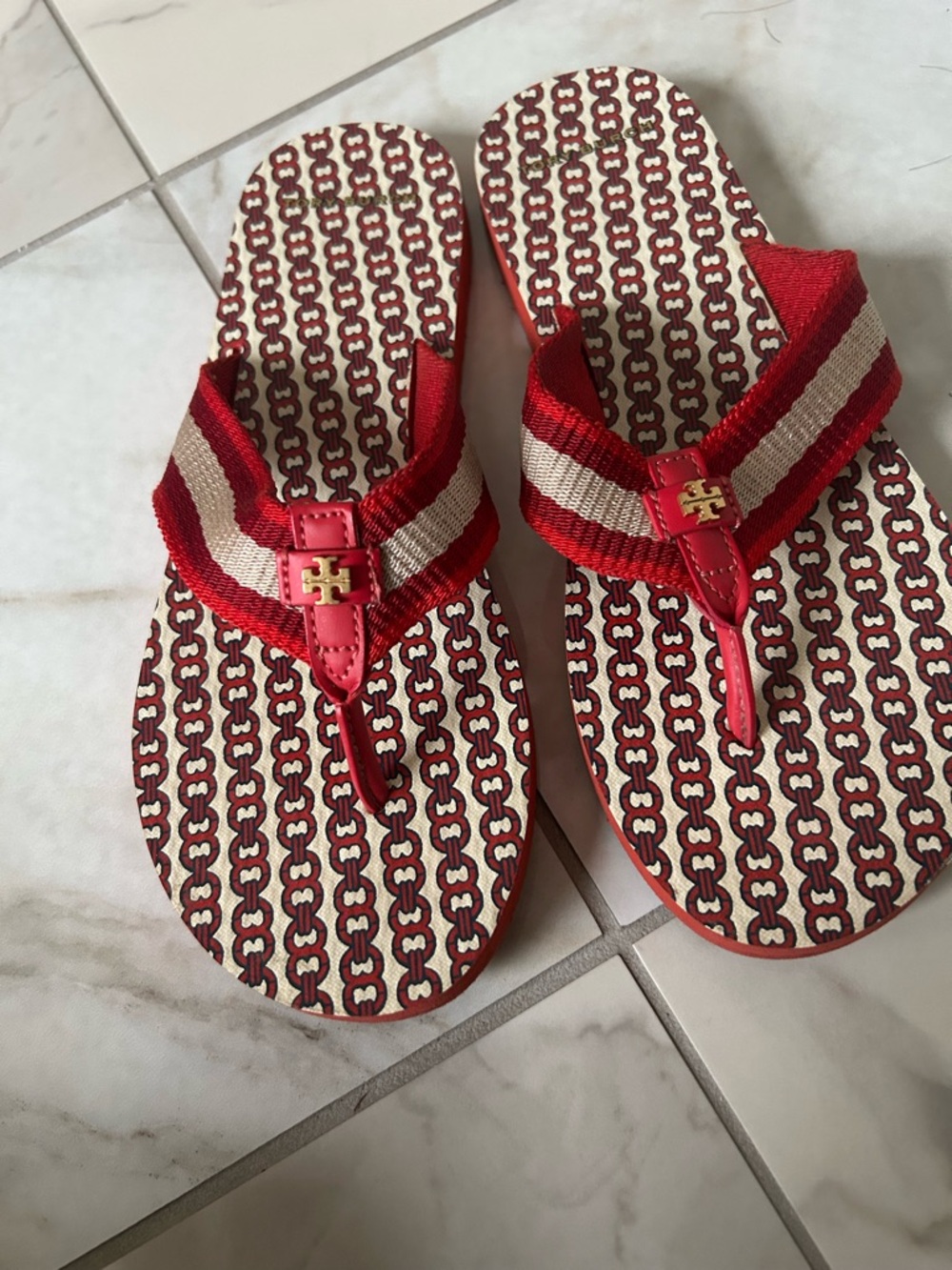 Tory Burch Raspberry and Cream Logo Pattern Flip Flops